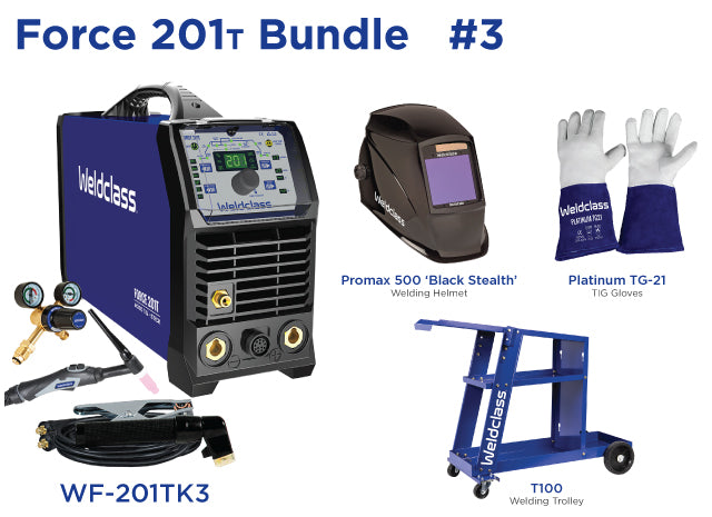 Weldclass WF-201TK3 Welder TIG AC/DC FORCE 201T Bundle W/ Trolley, Helmet, Gloves