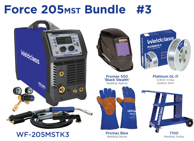 Weldclass WF-205MSTK3 Welder MIG/Stick/TIG FORCE 205MST Bundle with Gasless Wire, Helmet, Gloves, Trolley