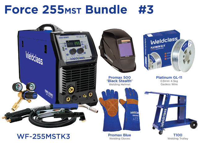Weldclass WF-255MSTK3 Welder MIG/Stick/TIG FORCE 255MST Bundle with Gasless Wire, Helmet, Gloves, Trolley