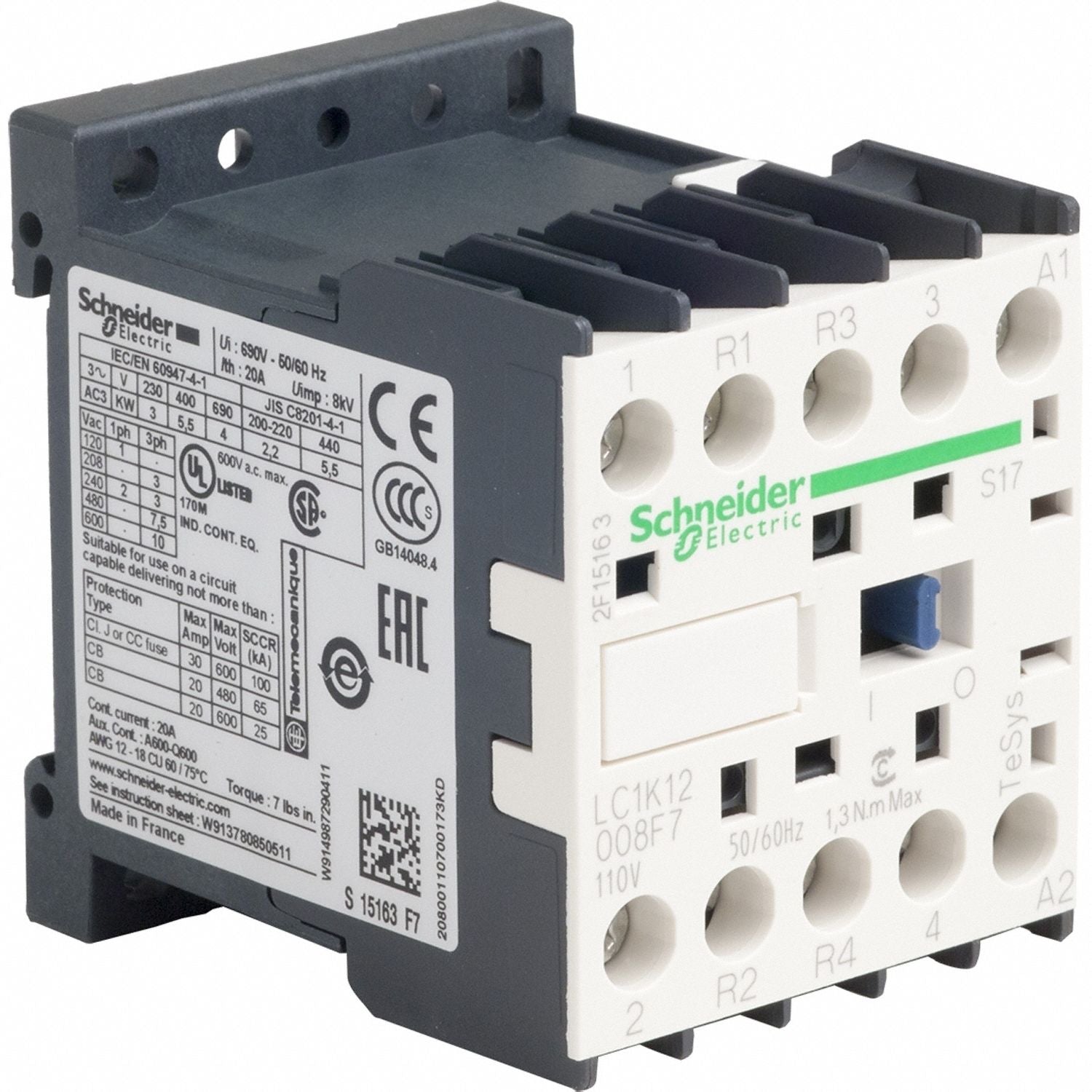 SCHNEIDER ELECTRIC LC1K12008F7S17 IEC Magnetic Contactor 110VAC Coil 12A